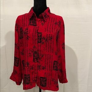 Jennifer Moore Vibrant Red Button-Down with Black Design